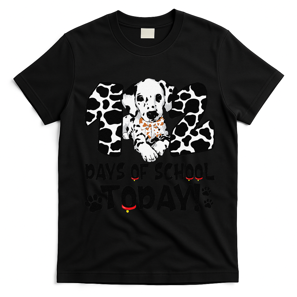 102 Days Of School Today Dalmatian Dog Funny 100th Day T-Shirt - Black
