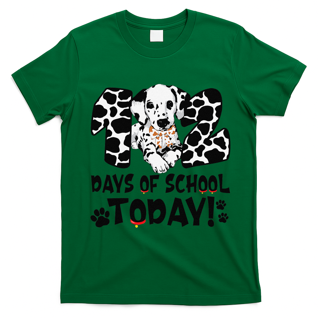 102 Days Of School Today Dalmatian Dog Funny 100th Day T-Shirt - Irish Green