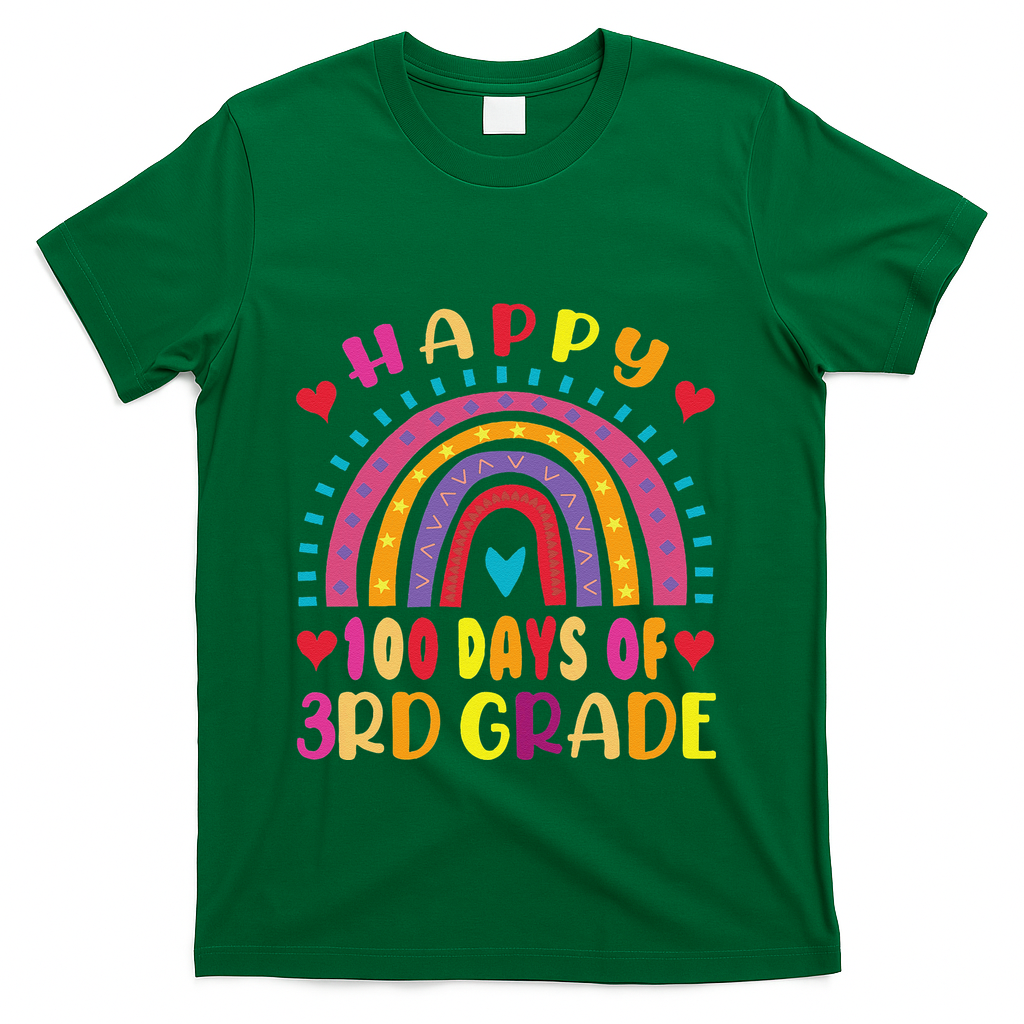 100 Day Of Third 3rd Grade Rainbow 100th Teacher T-Shirt - Green