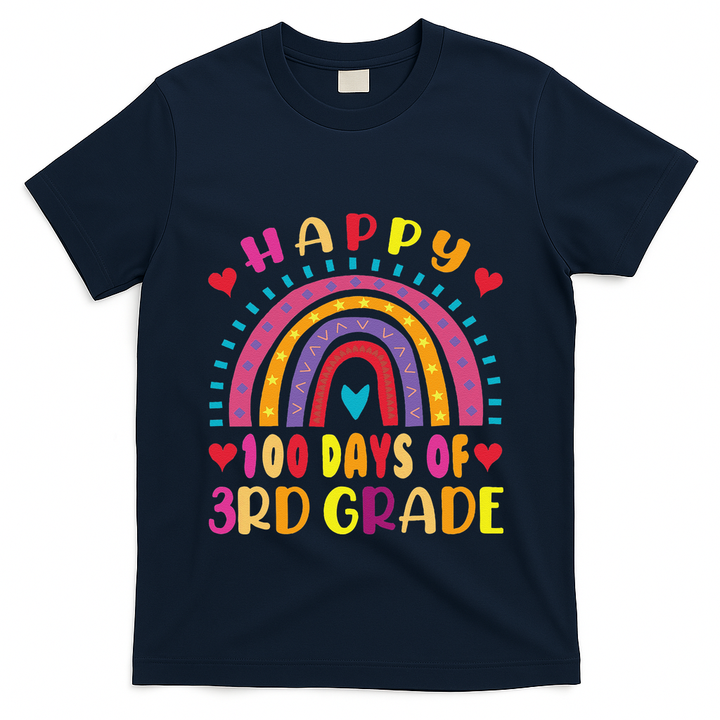 100 Day Of Third 3rd Grade Rainbow 100th Teacher T-Shirt - Navy
