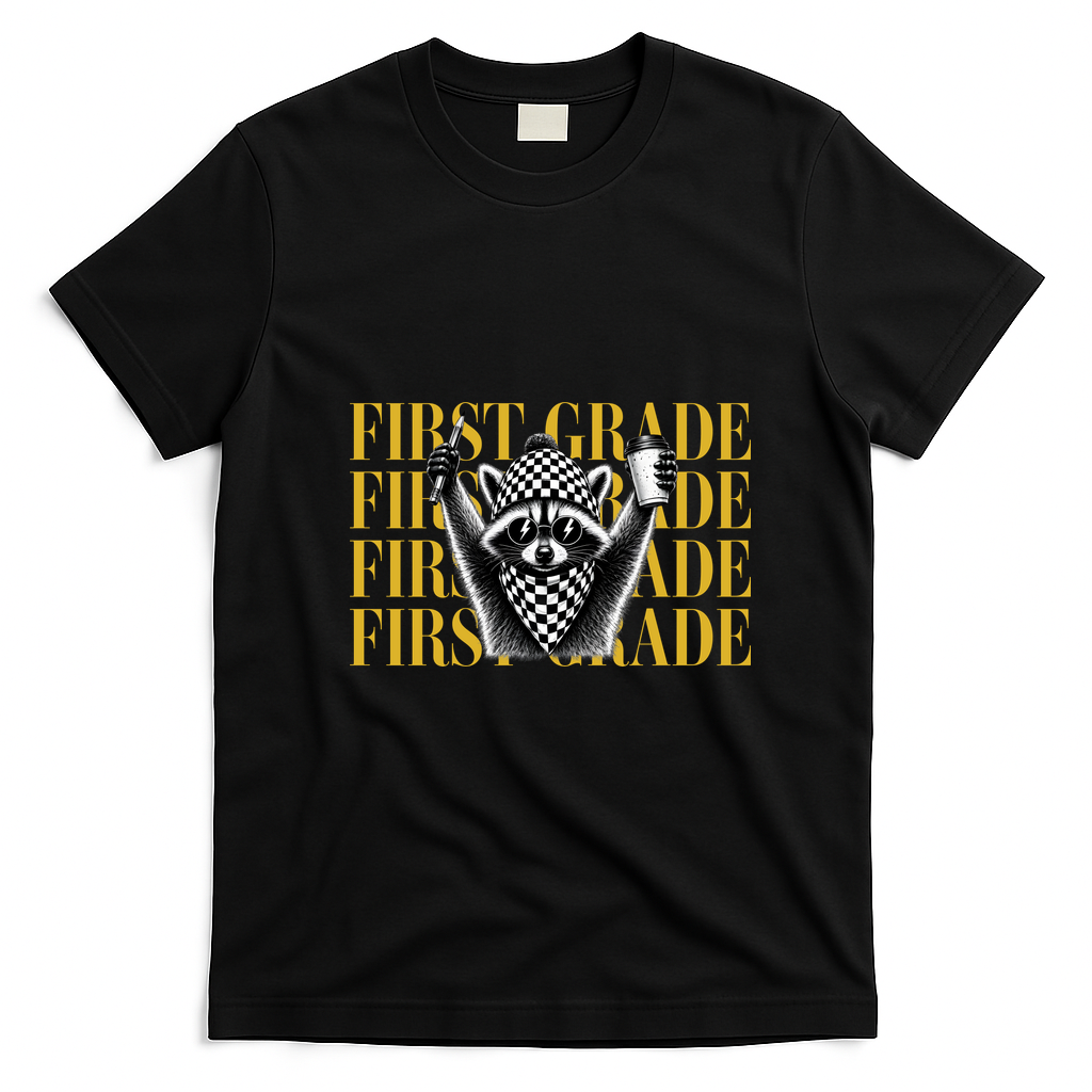 1st First Grade Raccoon Back To School T-Shirt - Black