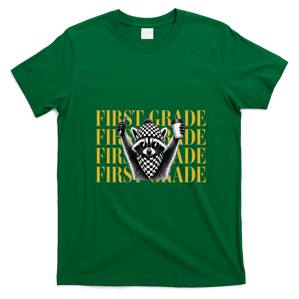 1st First Grade Raccoon Back To School T-Shirt - Irish Green