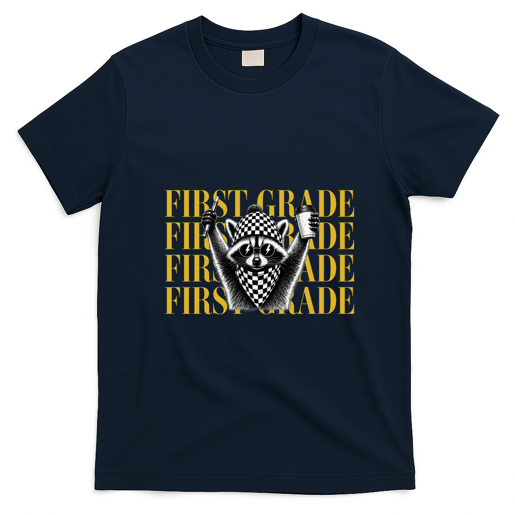 1st First Grade Raccoon Back To School T-Shirt - Navy Blue