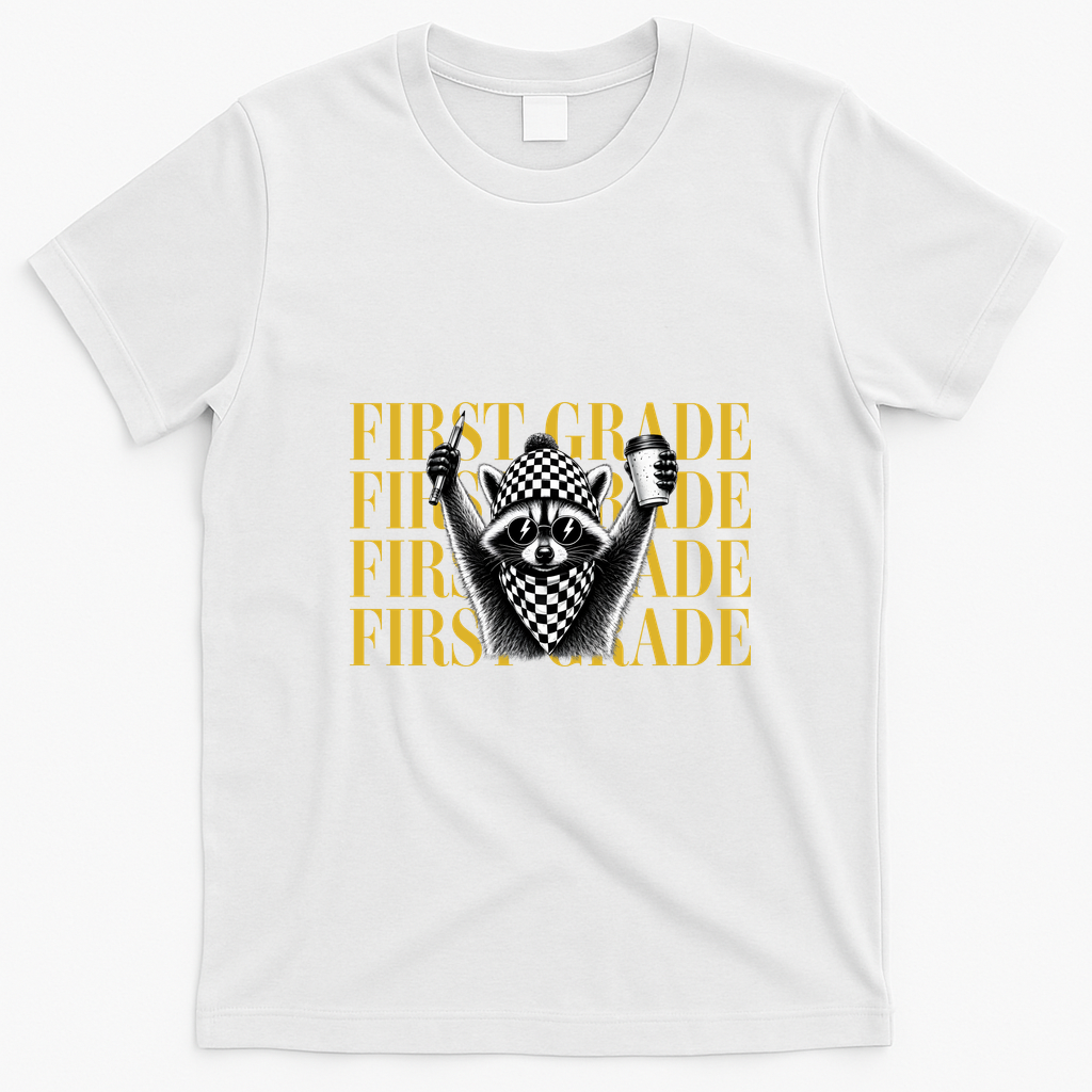 1st First Grade Raccoon Back To School T-Shirt - White