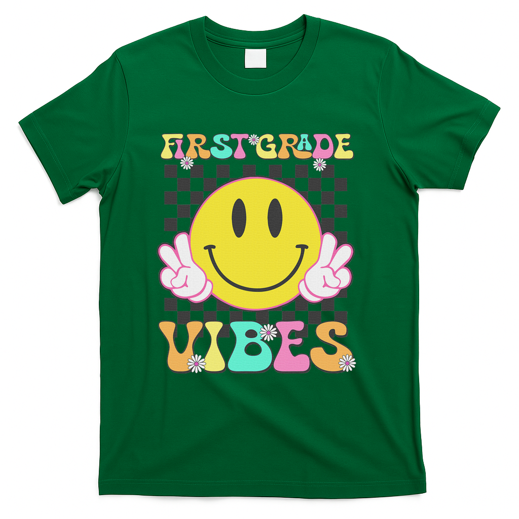 1st Grade Vibes Smile Face Back To School First Grade T-Shirt - Green