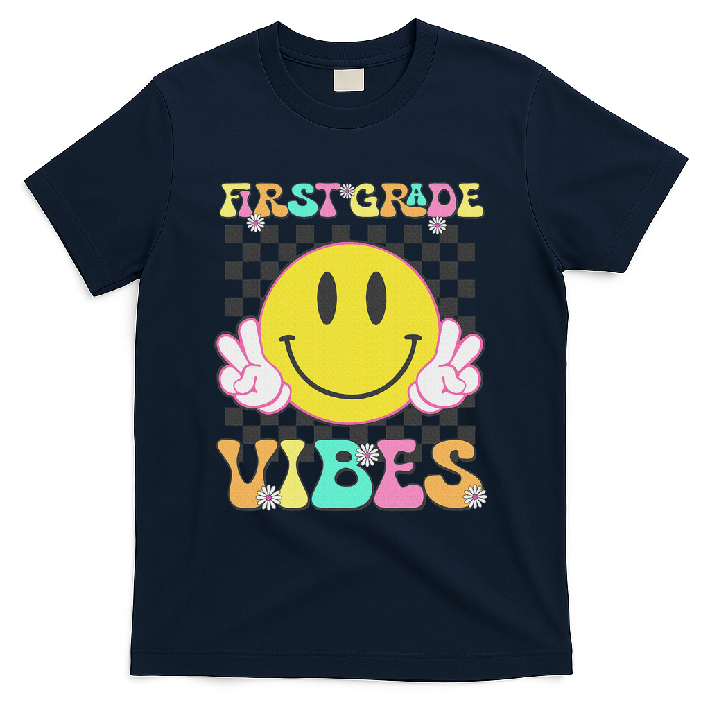1st Grade Vibes Smile Face Back To School First Grade T-Shirt - Navy