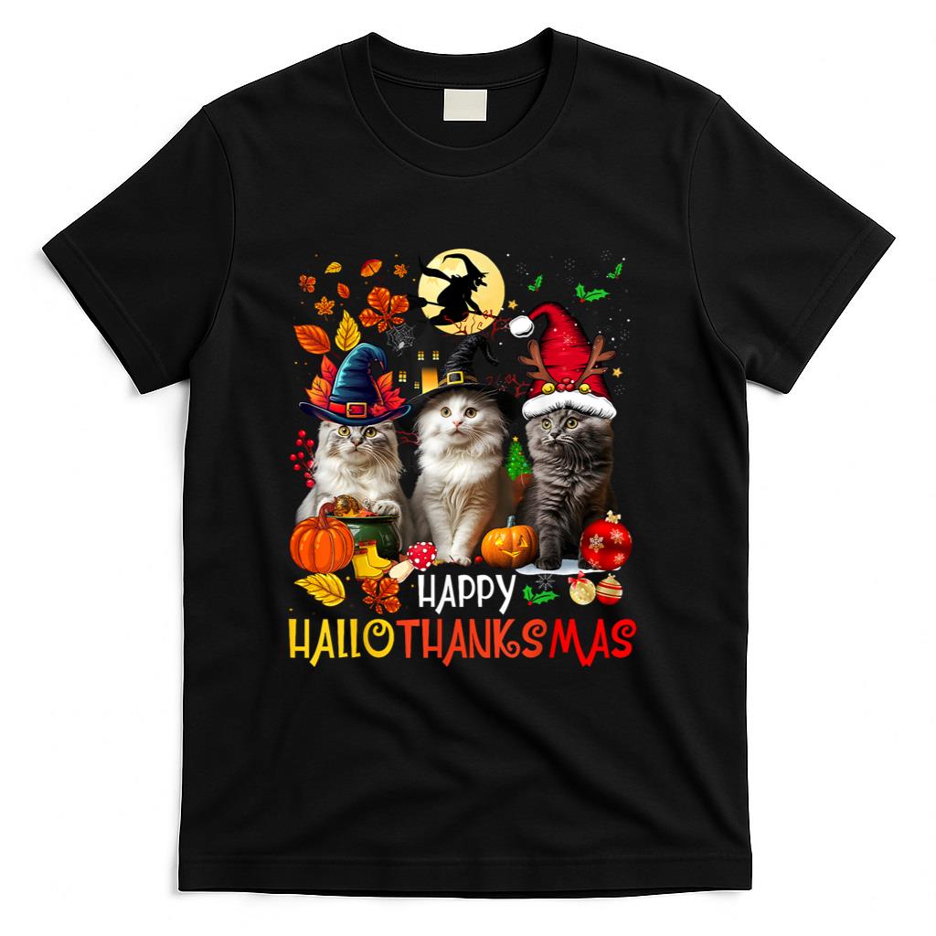 Halloween Thanksgiving Christmas Happy HalloThanksMas Cats T-Shirt