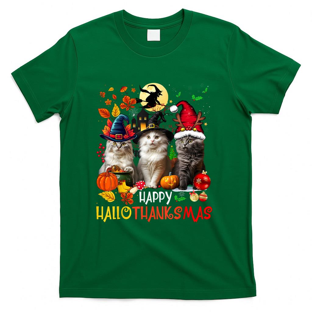 Halloween Thanksgiving Christmas Happy HalloThanksMas Cats T-Shirt