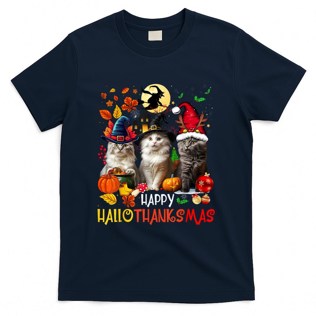 Halloween Thanksgiving Christmas Happy HalloThanksMas Cats T-Shirt