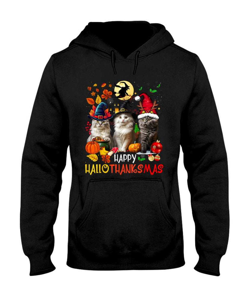 Halloween Thanksgiving Christmas Happy HalloThanksMas Cats T-Shirt