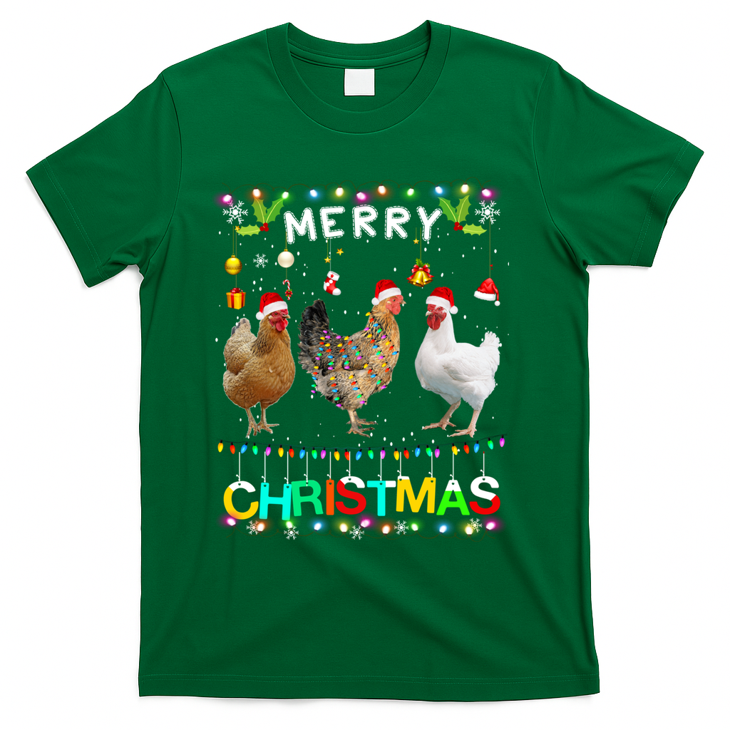 Merry Christmas Chicken Santa Hat Lights Xmas Funny Long Sleeve T T-Shirt