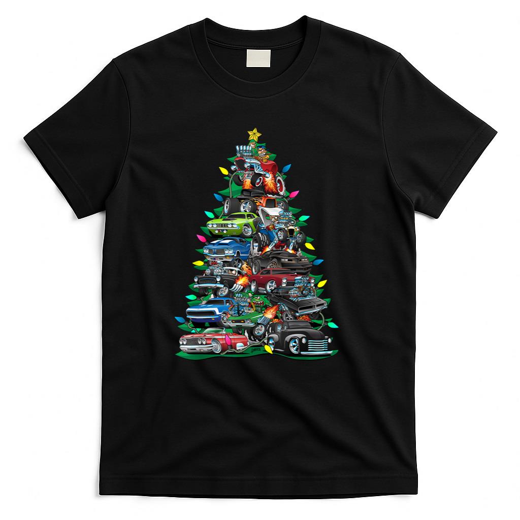 Car Madness Christmas Tree Classic Muscle Cars and Hotrods T-Shirt