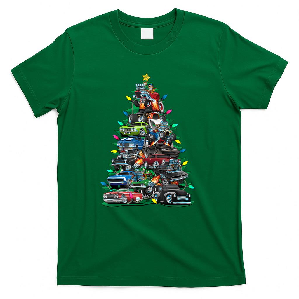 Car Madness Christmas Tree Classic Muscle Cars and Hotrods T-Shirt