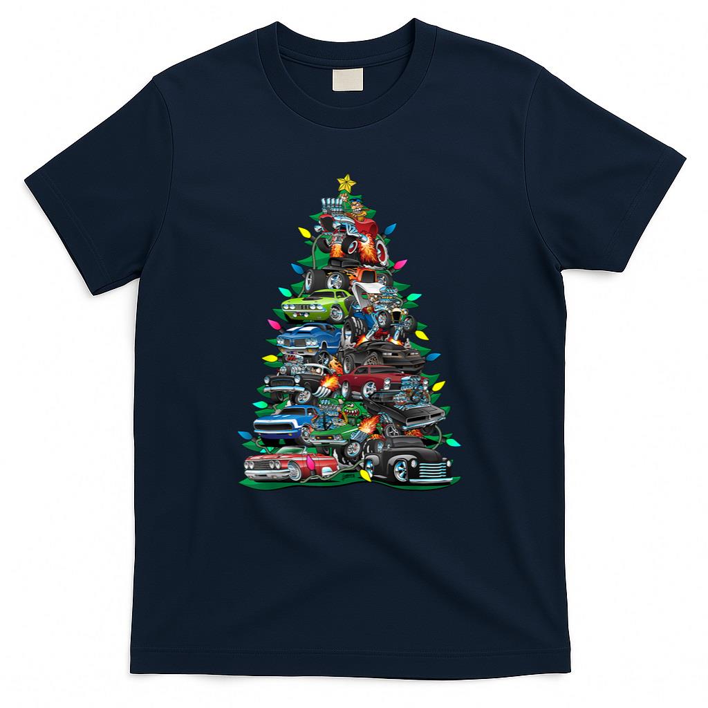 Car Madness Christmas Tree Classic Muscle Cars and Hotrods T-Shirt