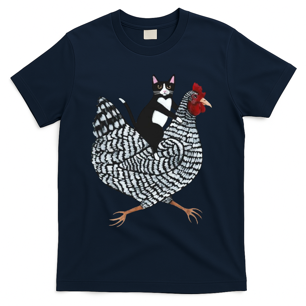 Tuxedo Cat Riding A Chicken Funny T-Shirt
