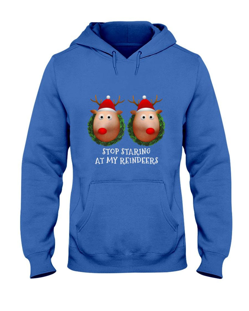 Womens Stop staring at my Reindeers Boobs Ugly Gag Xmas Sweater Short Sleeve T-Shirt