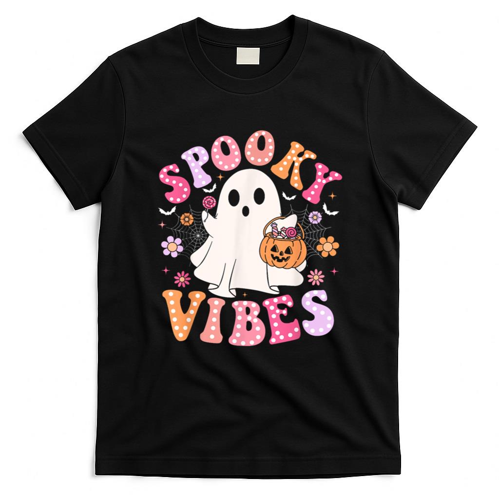 Halloween Shirt - Spooky Vibes Ghost Retro Groovy Halloween Women Girls Kids T-Shirt