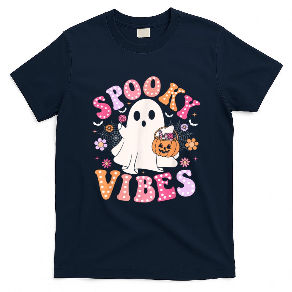 Halloween Shirt - Spooky Vibes Ghost Retro Groovy Halloween Women Girls Kids T-Shirt