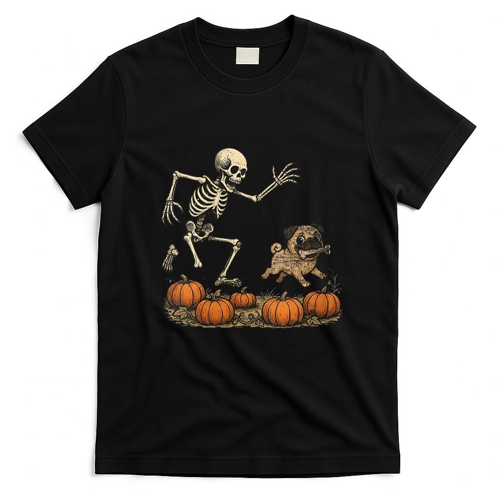 Pet Mom Halloween Shirt - Womens Funny Skeleton Chasing Pug Halloween Dog Mom Pet Lover V-Neck T-Shirt_1