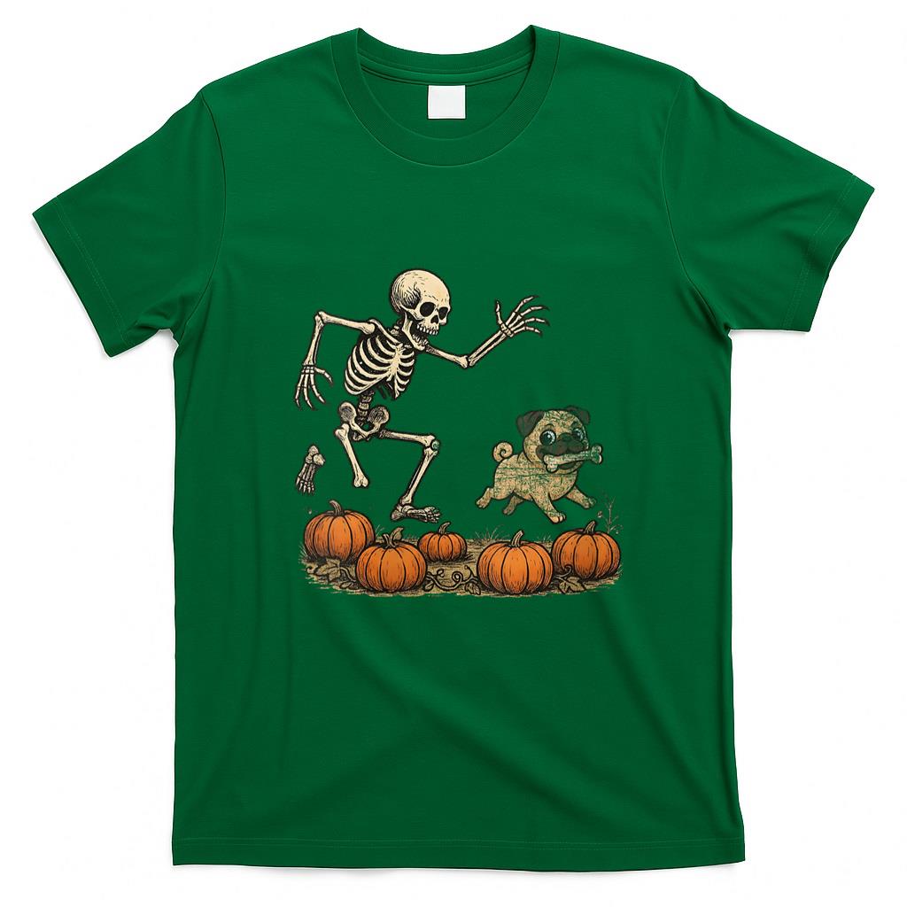 Pet Mom Halloween Shirt - Womens Funny Skeleton Chasing Pug Halloween Dog Mom Pet Lover V-Neck T-Shirt_1