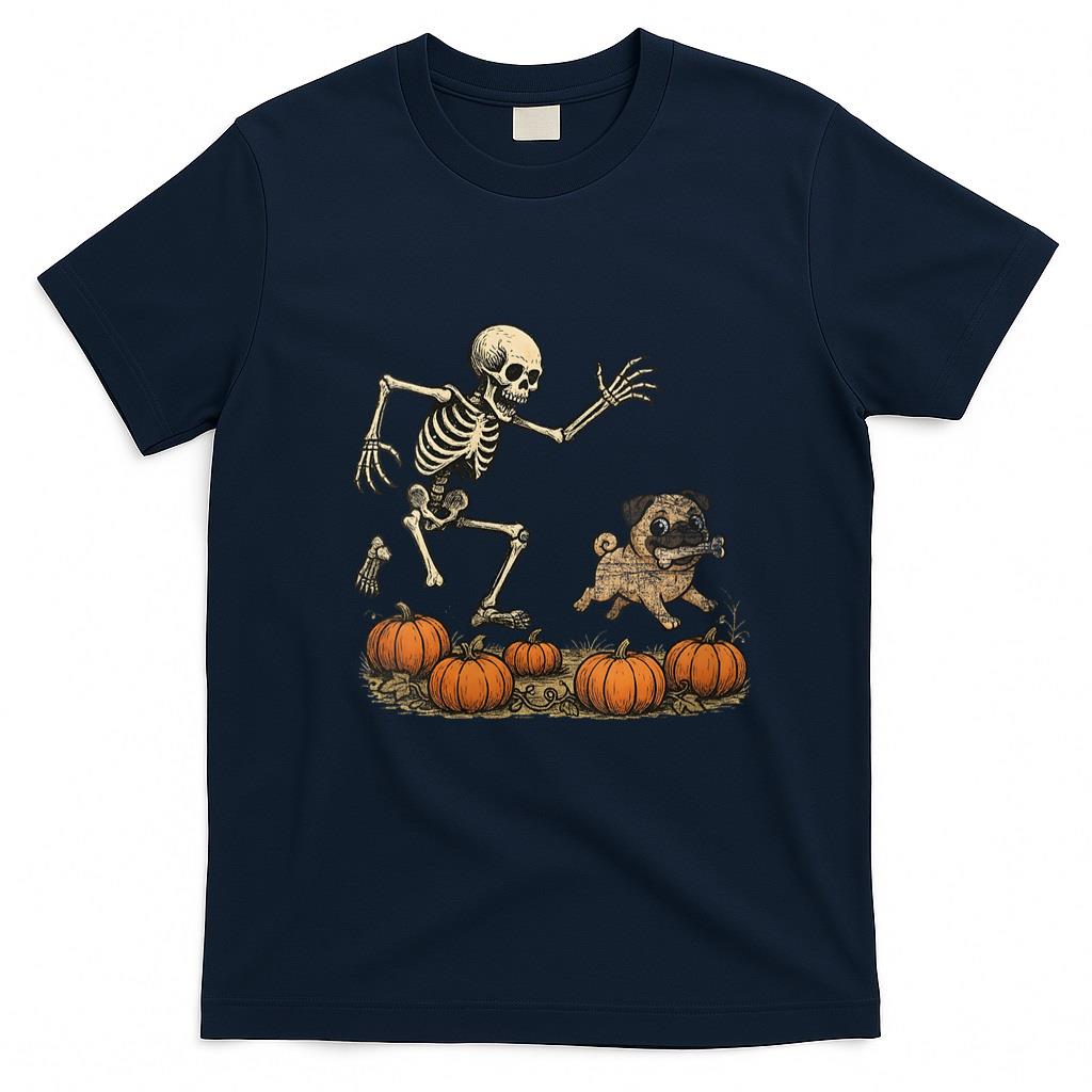 Pet Mom Halloween Shirt - Womens Funny Skeleton Chasing Pug Halloween Dog Mom Pet Lover V-Neck T-Shirt_1