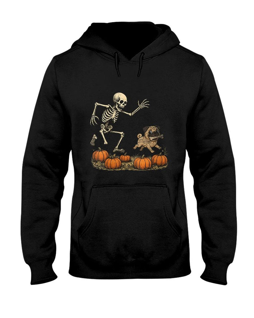 Pet Mom Halloween Shirt - Womens Funny Skeleton Chasing Pug Halloween Dog Mom Pet Lover V-Neck T-Shirt_1