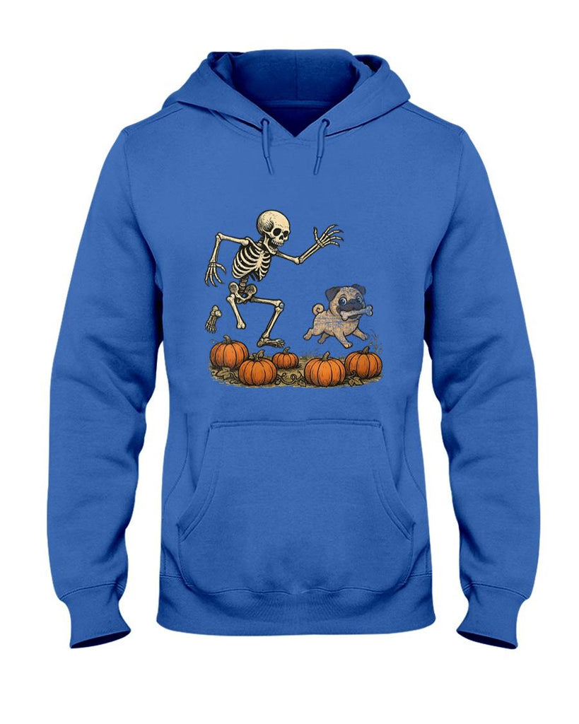 Pet Mom Halloween Shirt - Womens Funny Skeleton Chasing Pug Halloween Dog Mom Pet Lover V-Neck T-Shirt_1