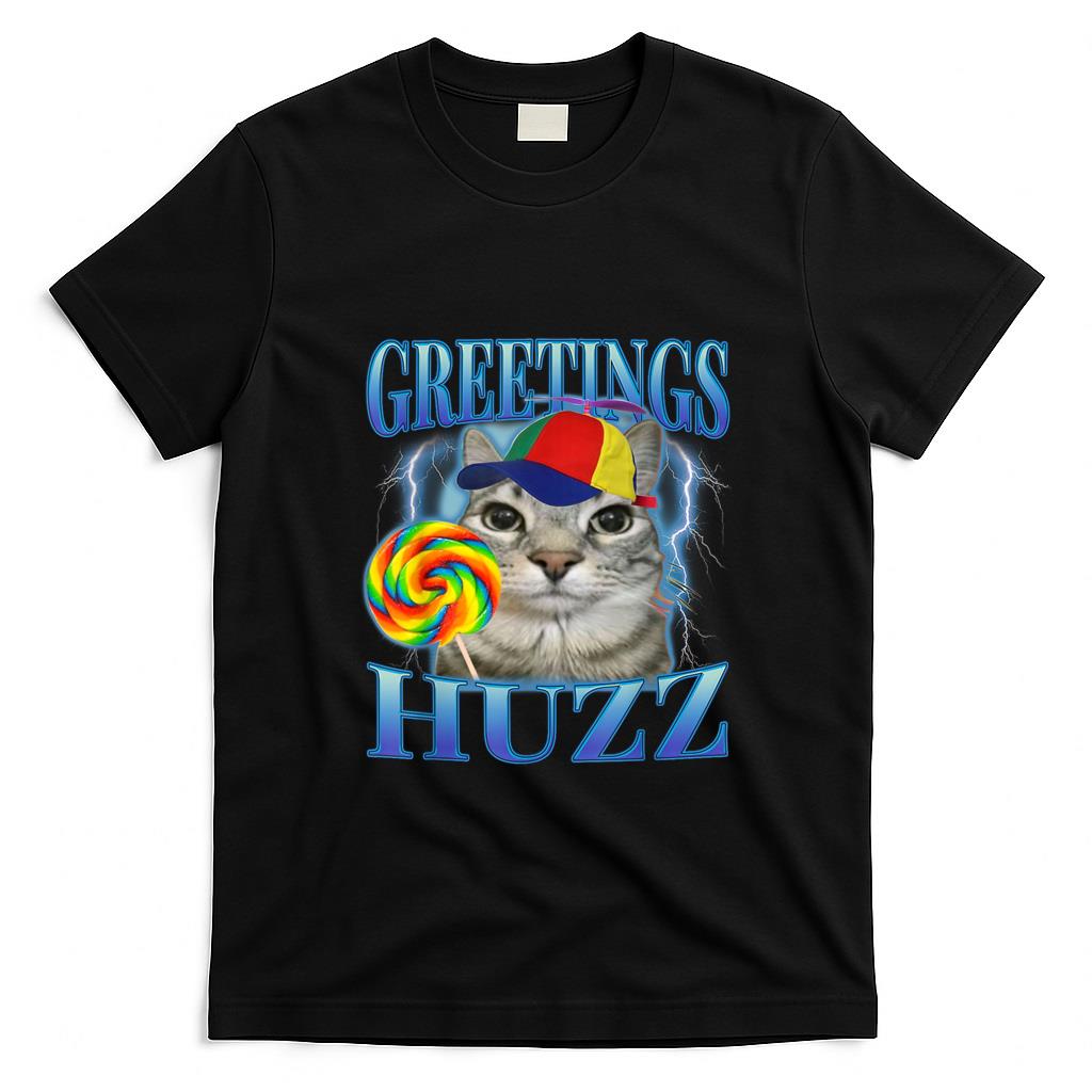 Funny Tees - Lollipop Cat Meme Greetings Huzz Funny Silly Cats Brainrot T-Shirt for Men Women Kids