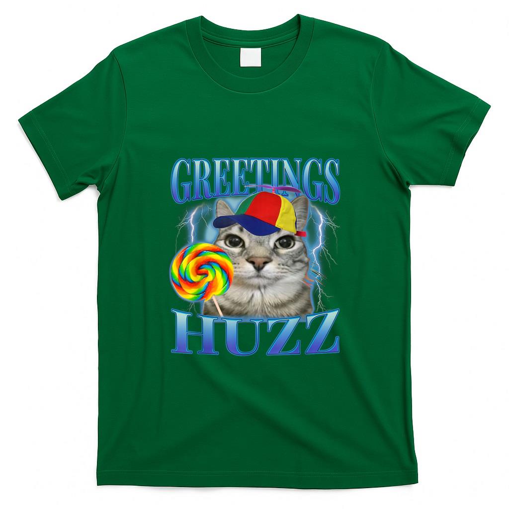 Funny Tees - Lollipop Cat Meme Greetings Huzz Funny Silly Cats Brainrot T-Shirt for Men Women Kids