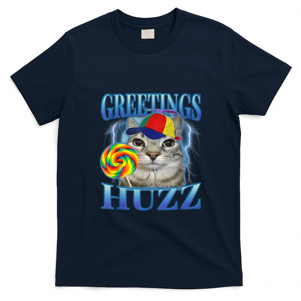 Funny Tees - Lollipop Cat Meme Greetings Huzz Funny Silly Cats Brainrot T-Shirt for Men Women Kids