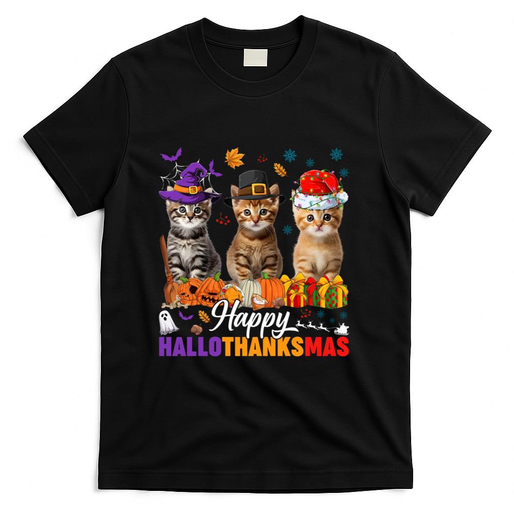 Happy Hallothanksmas Cat Halloween Thanksgiving Christmas Long Sleeve T-Shirt