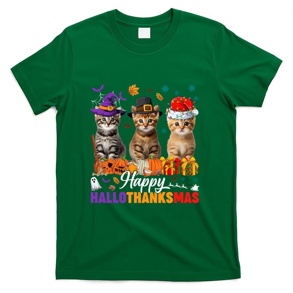 Happy Hallothanksmas Cat Halloween Thanksgiving Christmas Long Sleeve T-Shirt