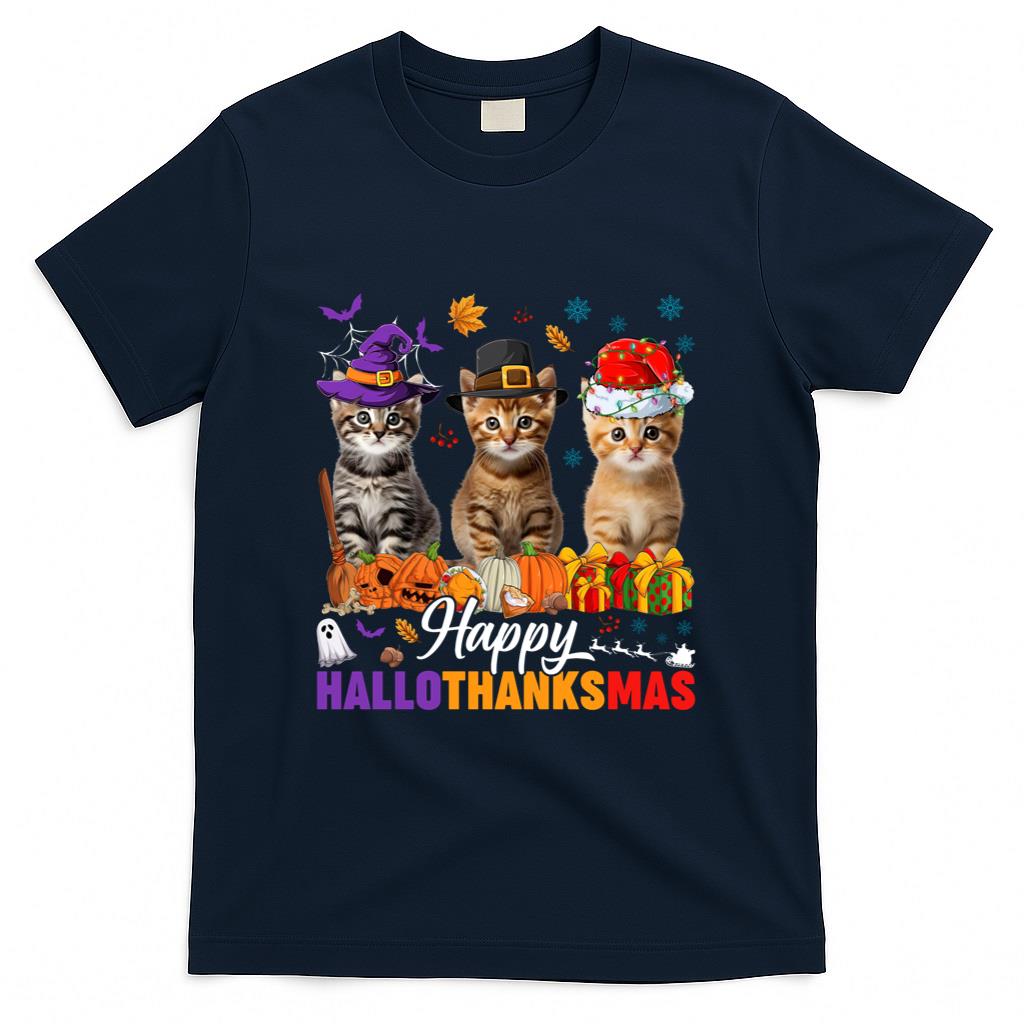 Happy Hallothanksmas Cat Halloween Thanksgiving Christmas Long Sleeve T-Shirt