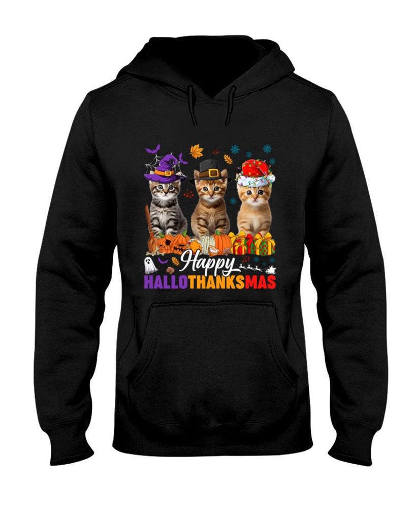 Happy Hallothanksmas Cat Halloween Thanksgiving Christmas Long Sleeve T-Shirt