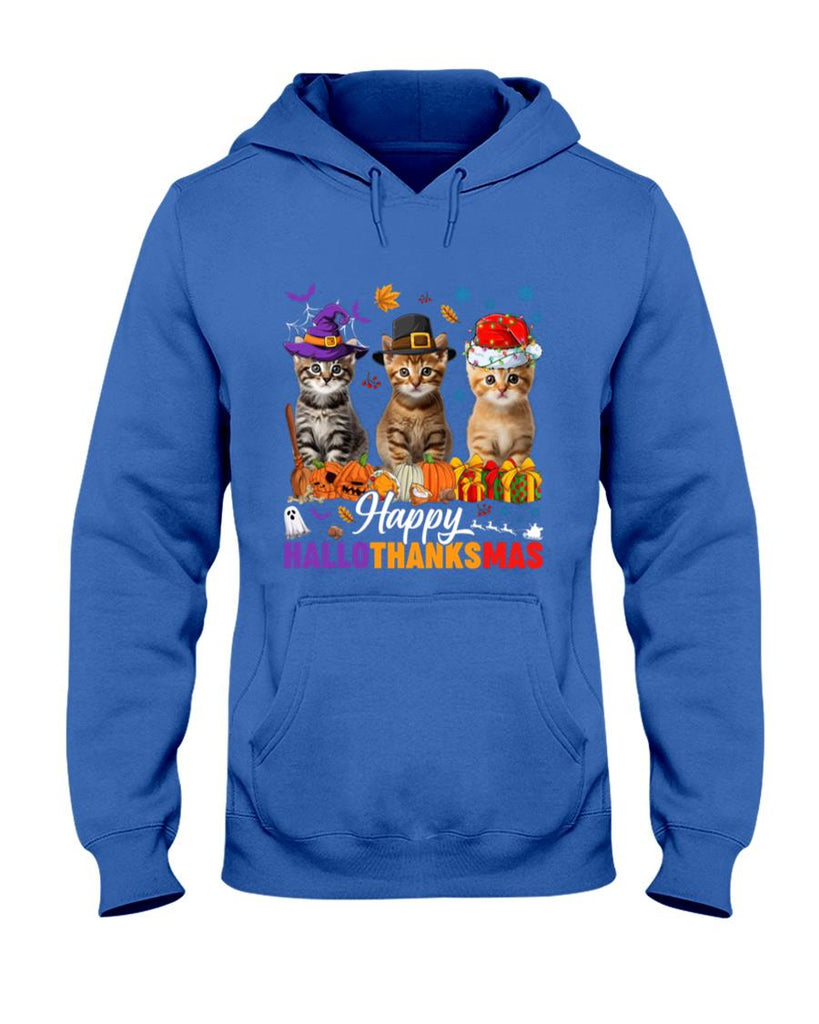 Happy Hallothanksmas Cat Halloween Thanksgiving Christmas Long Sleeve T-Shirt