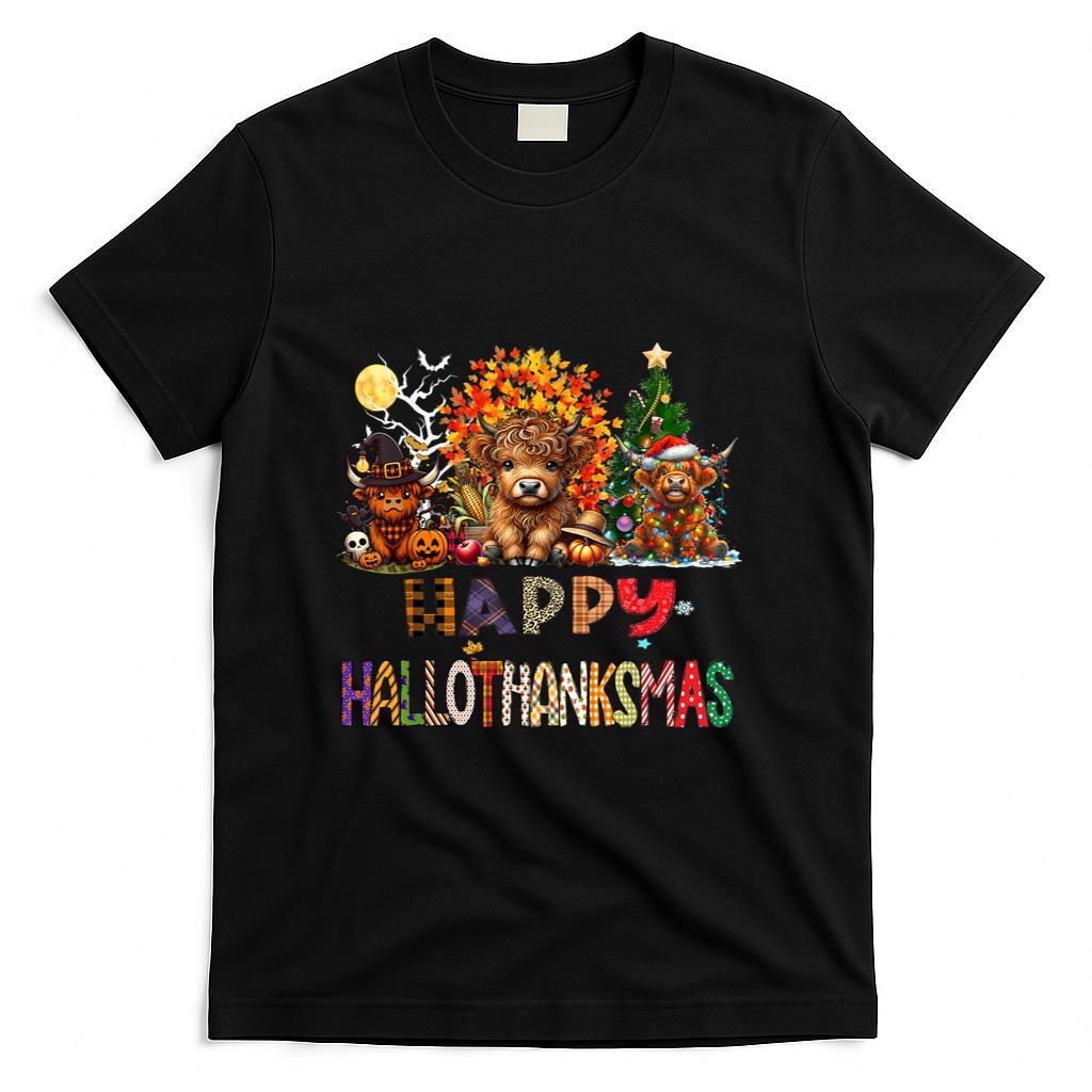 Happy Halloween Thanksgiving Christmas Highland Cow Holiday T-Shirt
