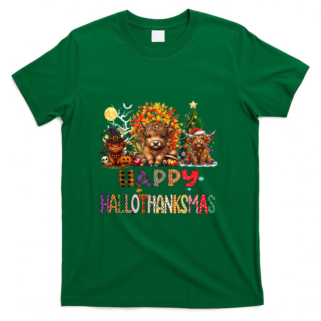 Happy Halloween Thanksgiving Christmas Highland Cow Holiday T-Shirt