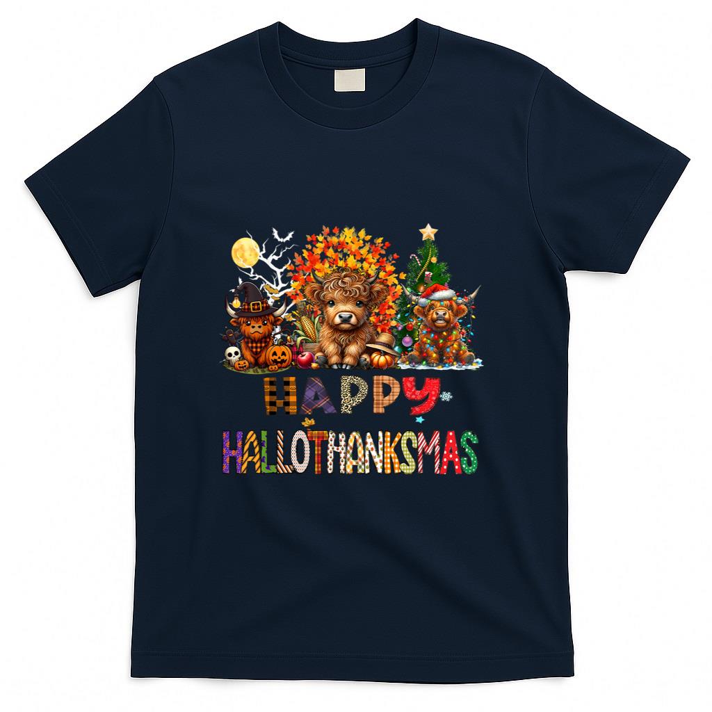Happy Halloween Thanksgiving Christmas Highland Cow Holiday T-Shirt
