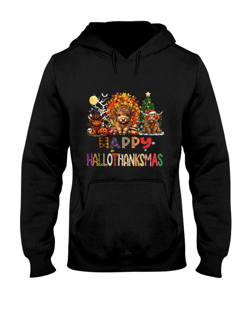 Happy Halloween Thanksgiving Christmas Highland Cow Holiday T-Shirt