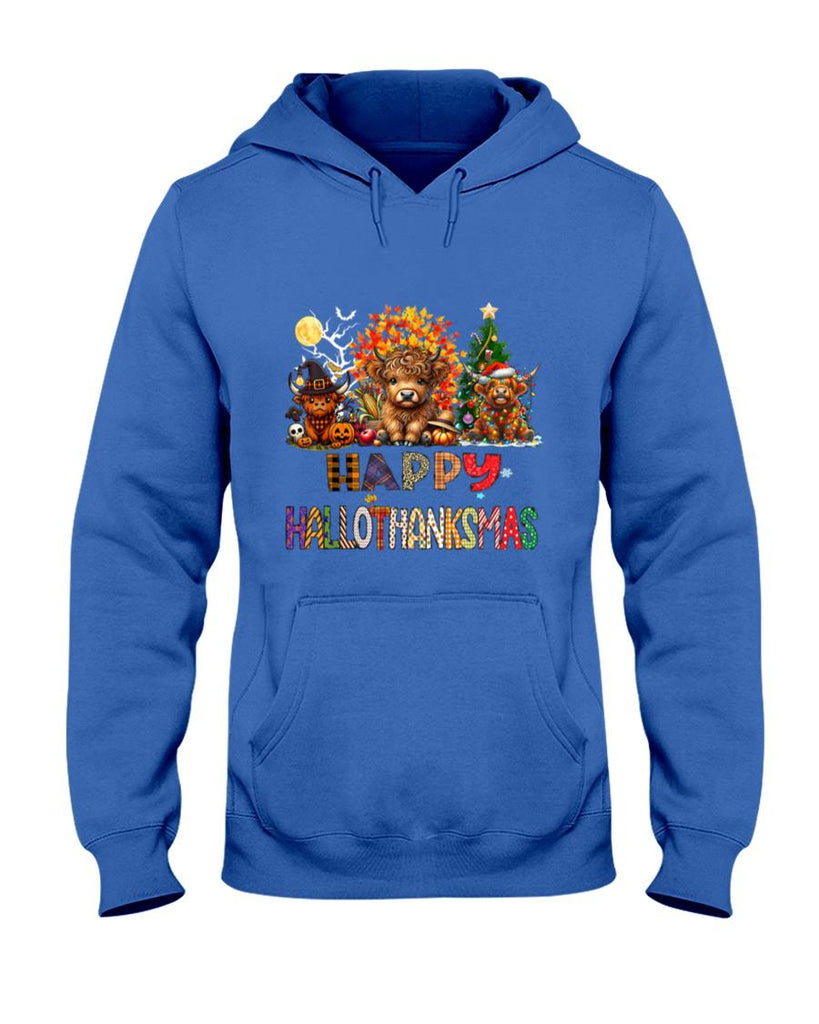 Happy Halloween Thanksgiving Christmas Highland Cow Holiday T-Shirt