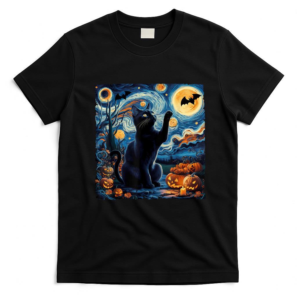 Pet Mom Halloween Shirt - Halloween Van Gogh' Starry Night Black Cat Pumpkins Bats T-Shirt for Men Women Kids
