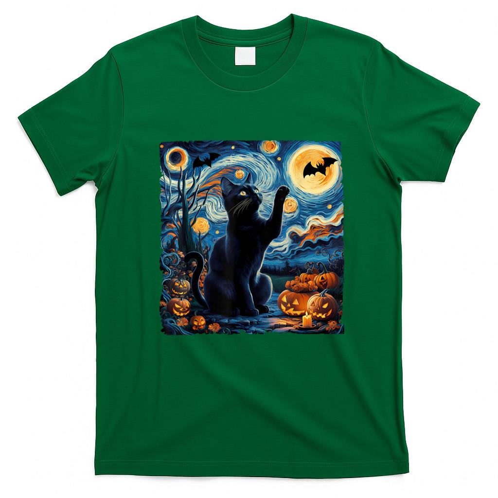 Pet Mom Halloween Shirt - Halloween Van Gogh' Starry Night Black Cat Pumpkins Bats T-Shirt for Men Women Kids