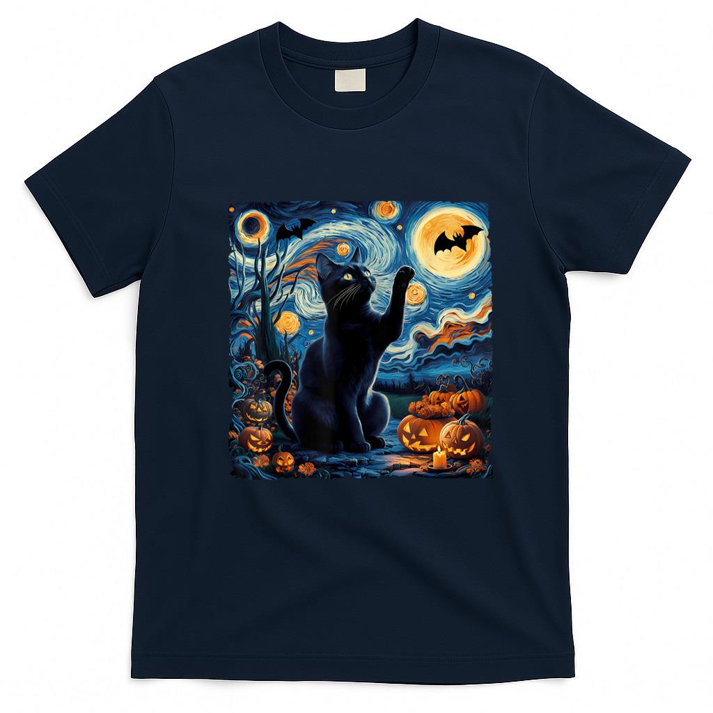 Pet Mom Halloween Shirt - Halloween Van Gogh' Starry Night Black Cat Pumpkins Bats T-Shirt for Men Women Kids