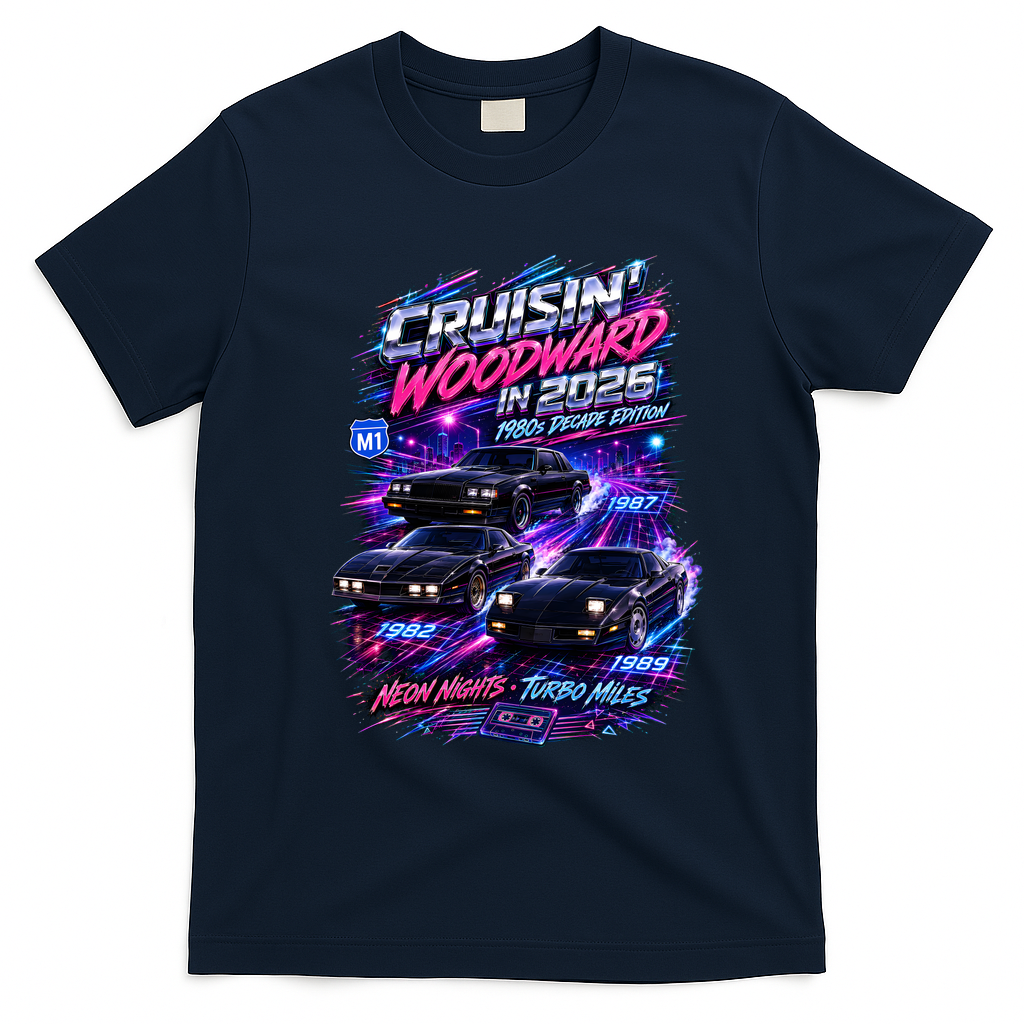 2026 Cruisin’ Woodward - 1980s Neon Nights Decade Edition T-Shirt - Navy Blue