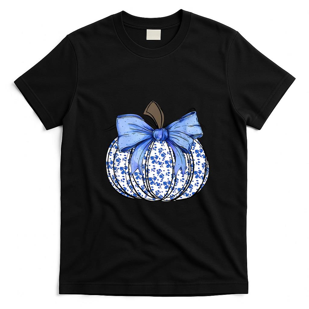 Blue Floral Pumpkin Fall Coquette Thanksgiving Halloween T-Shirt