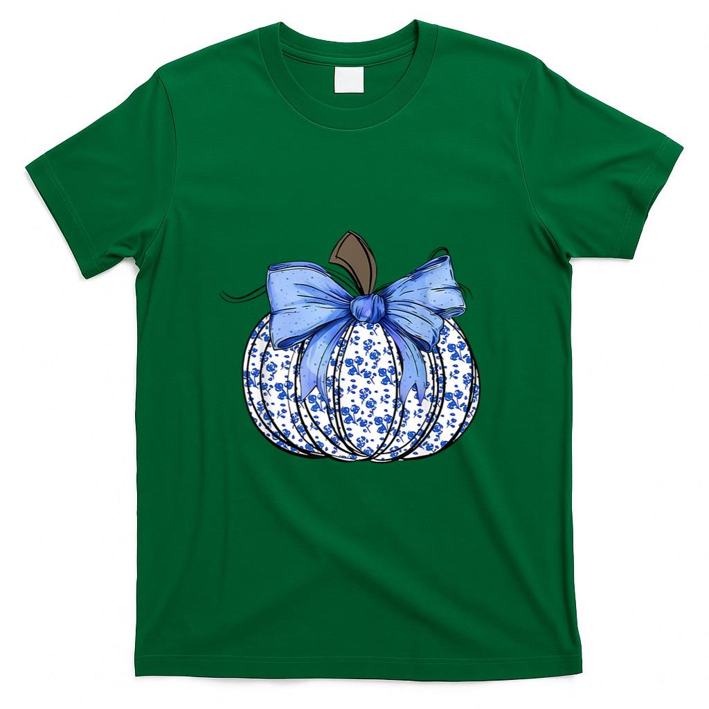 Blue Floral Pumpkin Fall Coquette Thanksgiving Halloween T-Shirt