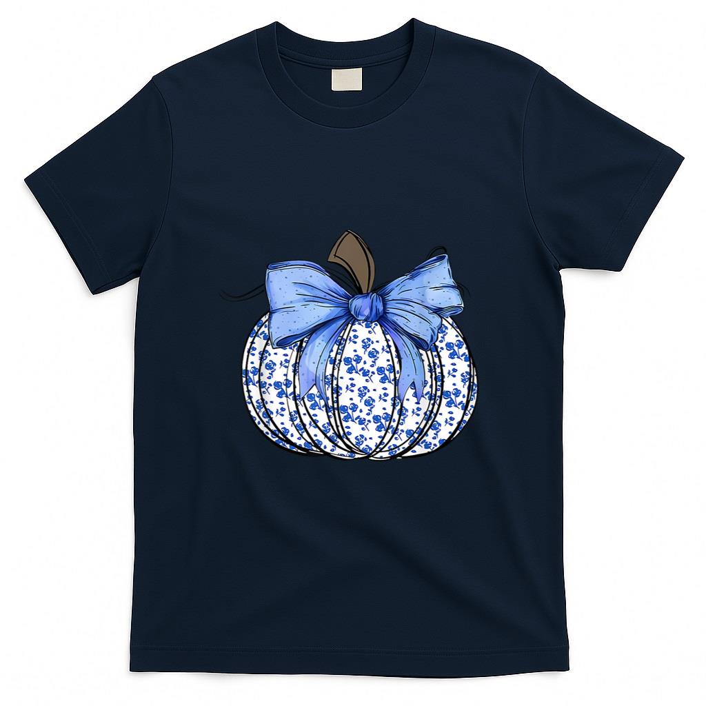 Blue Floral Pumpkin Fall Coquette Thanksgiving Halloween T-Shirt