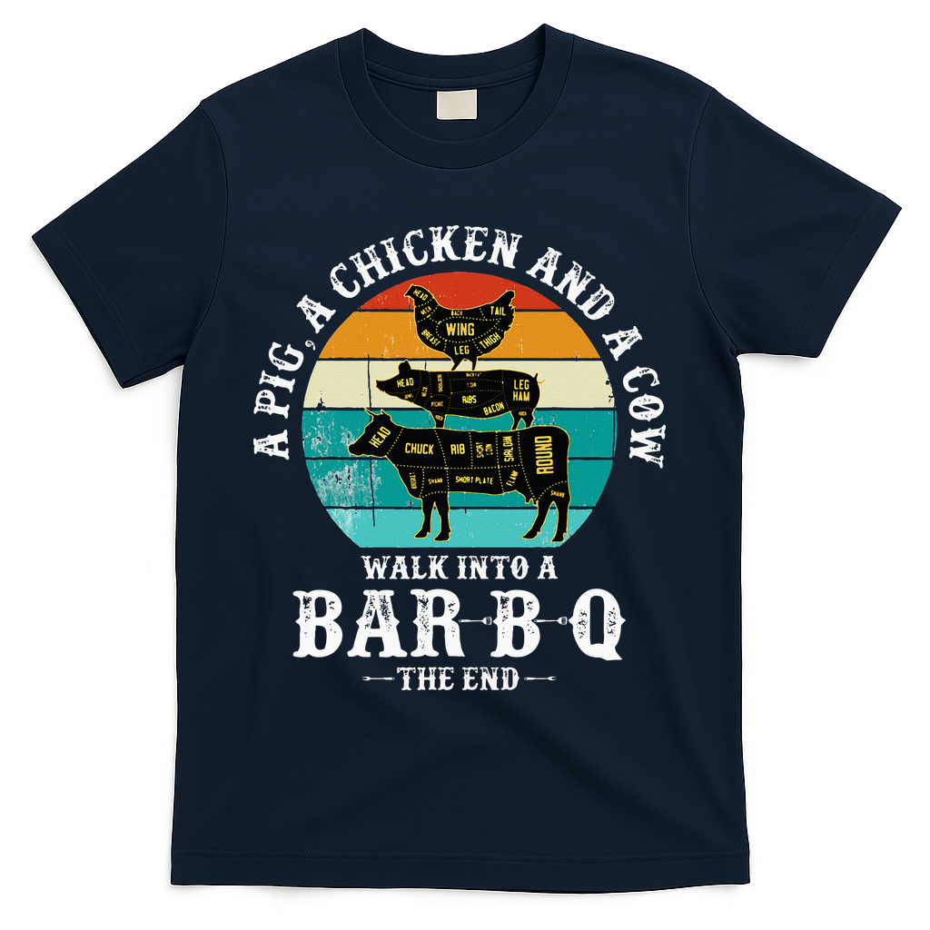 Funny BBQ DAD A Pig A Chicken And A Cow Walk into a BarBQ T-Shirt