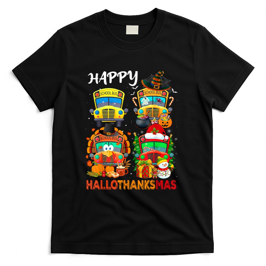 Witch Turkey Santa School Buses Happy HalloThanksMas Boys T-Shirt