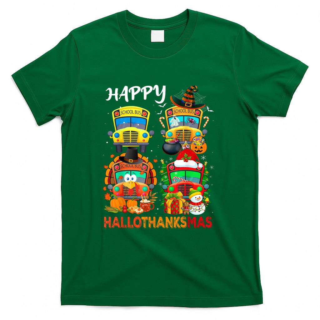 Witch Turkey Santa School Buses Happy HalloThanksMas Boys T-Shirt